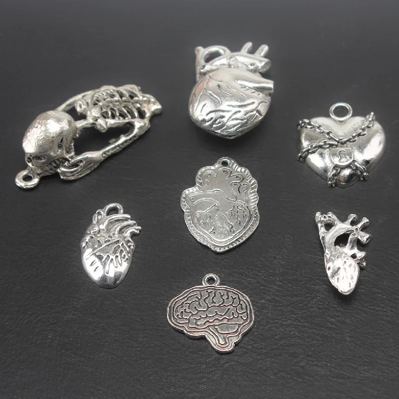 Punk Rock Style Brain Hearts Bone Alloy Pendant DIY Charms Necklace Earrings Jewelry Making P773