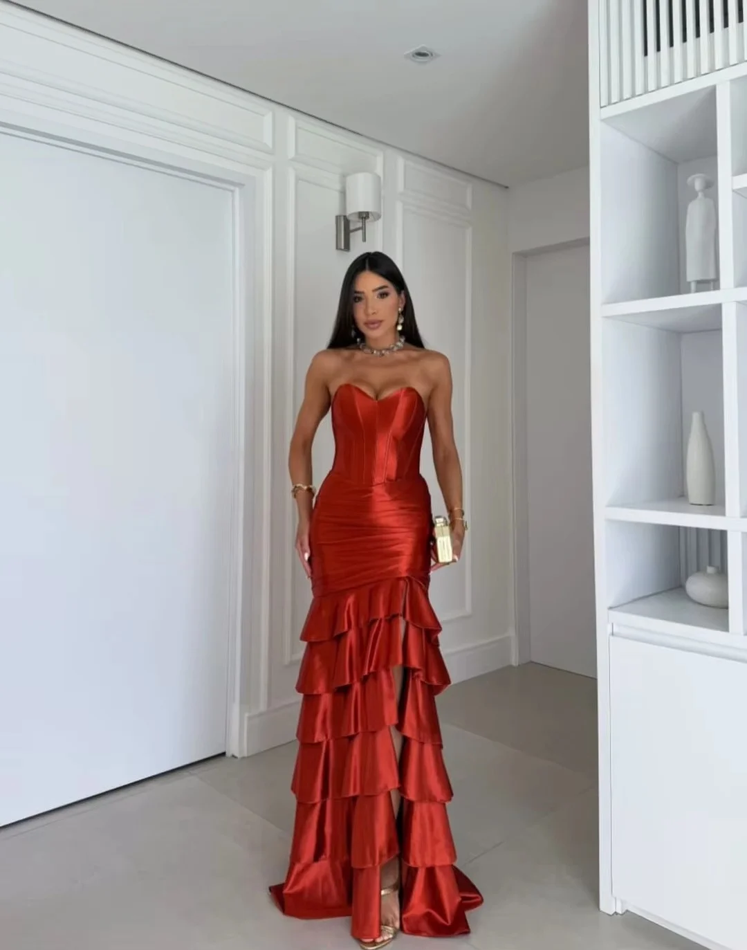 Women Dresses Satin Mermaid Evening Dress Sweetheart Strapless Corset Bodice Tiered Ruffle Slit Skirt  Formal Party Dresses