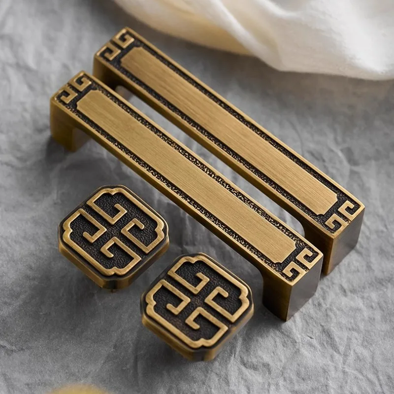 New Chinese Style Brass Cabinet Door Handle Wardrobe Door Cabinet Kitchen Drawer Knob Retro Hardware Furniture Cabinet Handle