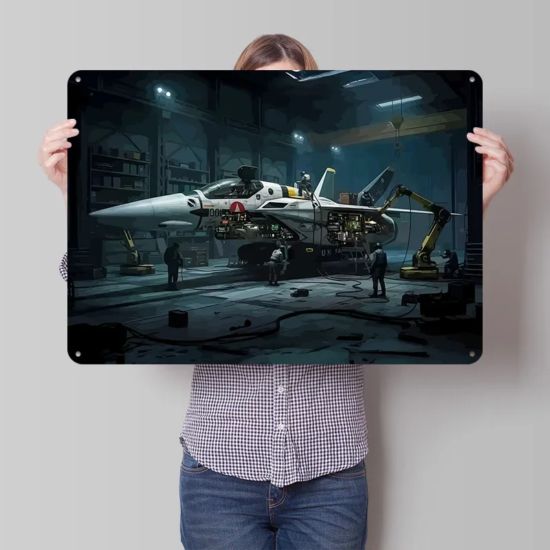 Macross Aircraft Maintenance in Hangar 3D Texture Printed Poster Custom Vintage Metal Tin Plate Sign for Wall Art Decor Luxury