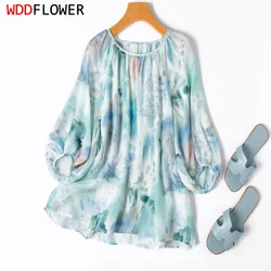 Women Silk Blouse 100% Mulberry Silk Crepe Silk Blue Printed Loose Type Lantern Sleeve Pullover Shirt Top M1126