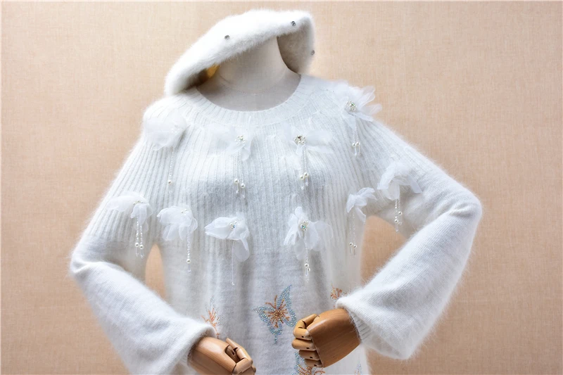 Ladies Women Autumn Winter White Fashion Beading Lace Hairy Angora Rabbit Hair Knitted O-Neck Long Sweater Jumper Dress Pull Top