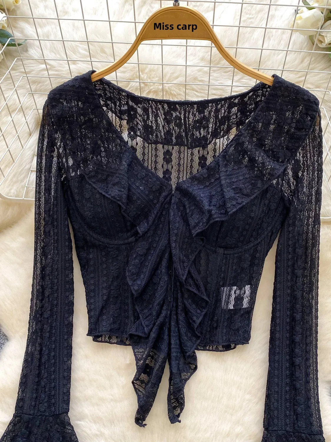 Pure Desire Spicy Bla Women's T-irt V-ne Lace Long Sve Thin Design Sense Floral  Splicing Breathable Autumn Clothes