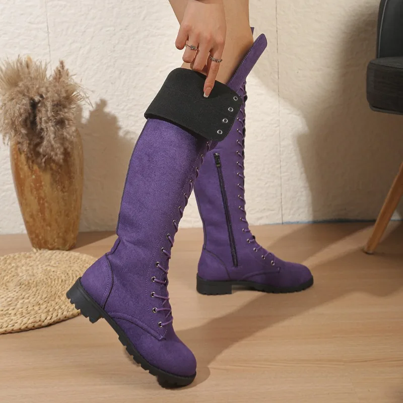 Women's Over-the-knee Boots Retro Suede Leather Casual Boots Fashion Women's Knight Boots Lace-up Over The Knee Flat Boot Botas