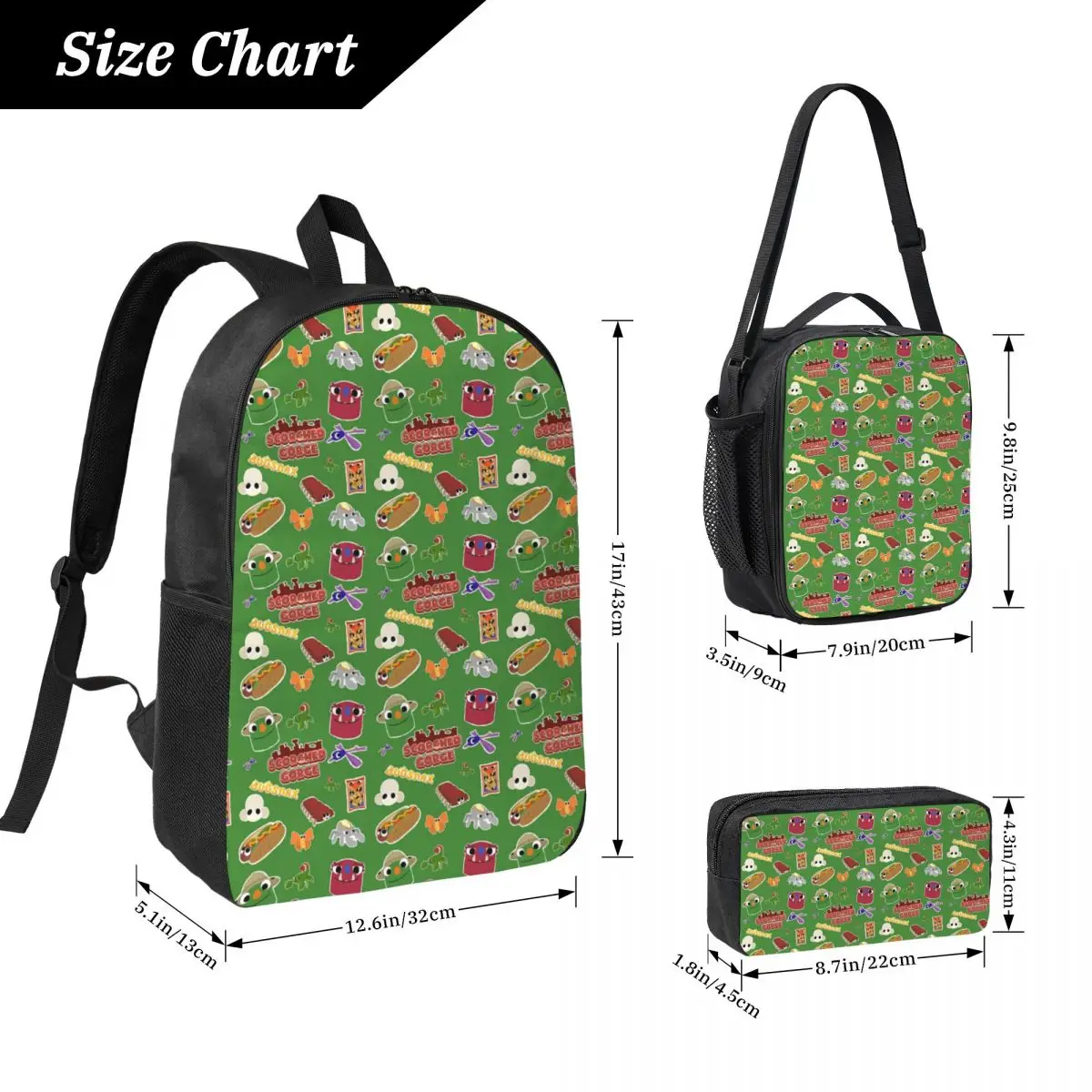 

Bugsnax Fan Art Scorched Gorge Bookbag Backpack Student Boys Girls BookBag School Bag 3ps Insulated Lunch Bag Pencil Case