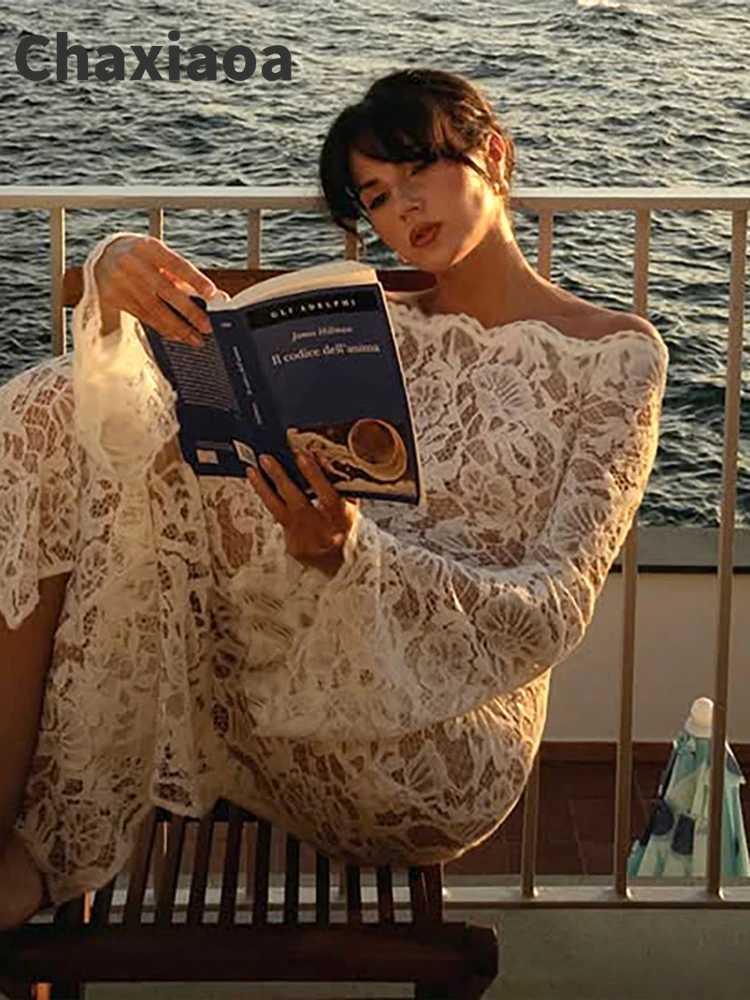 Chaxiaoa Sexy Jacquard Mesh Jurk Vrouwen Wave Slash Hals Flare Mouw Kant Elegante Avond Verjaardag Prom Party Skinny Bodycon