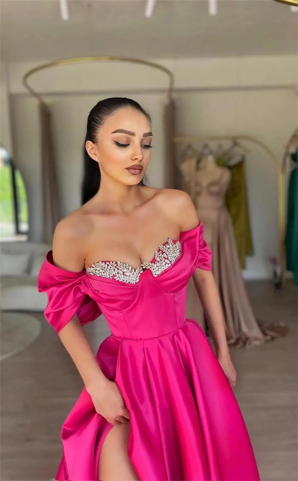 JEHETH 2024 Crytrals Top Vestido De Novia Sexy Off Shoulder A-line Evening Dress Fuchsia Prom Dress Side Split A-line Satin