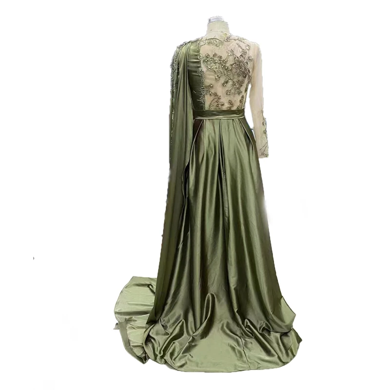 One Shoulder Olive Green Muslim Evening Dress with Cape Long Sleeves Dubai Women Prom Party Gowns Dresses Elegant Plus Size