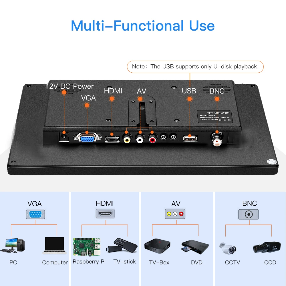 10.6 Inch CCTV Monitor Mini TV Computer PC Monitor IPS 1280x768 LCD With HDMI VGA  AV BNC For CCTV Security Camera Car Rear View