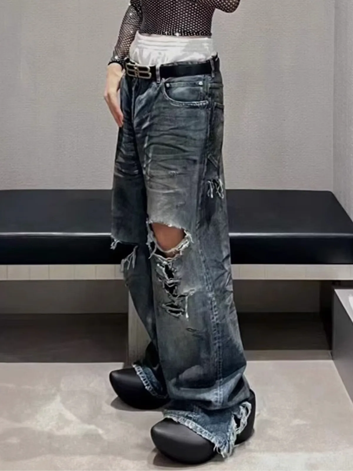 MIJKO High Street للجنسين بنطال جينز ممزق عتيق مغسول وواسع الساق للرجال والنساء #4