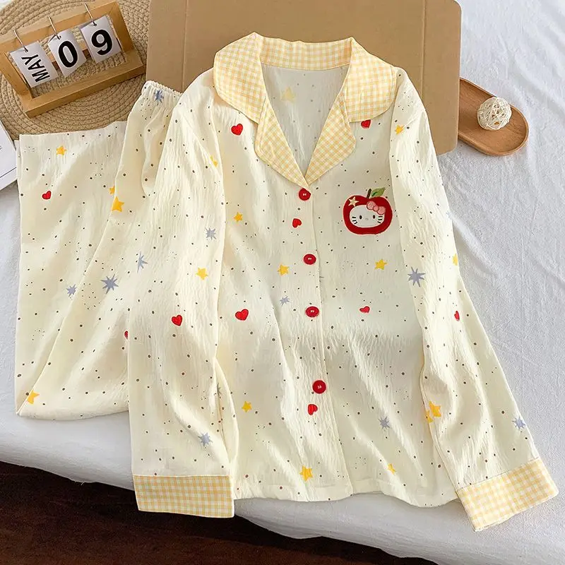 

Новая пижама Sanrio Hello Kitty из облачного хлопка: женский домашний комплект с длинным рукавом и брюками, весенняя одежда для сна, милая пижама с мультяшным принтом