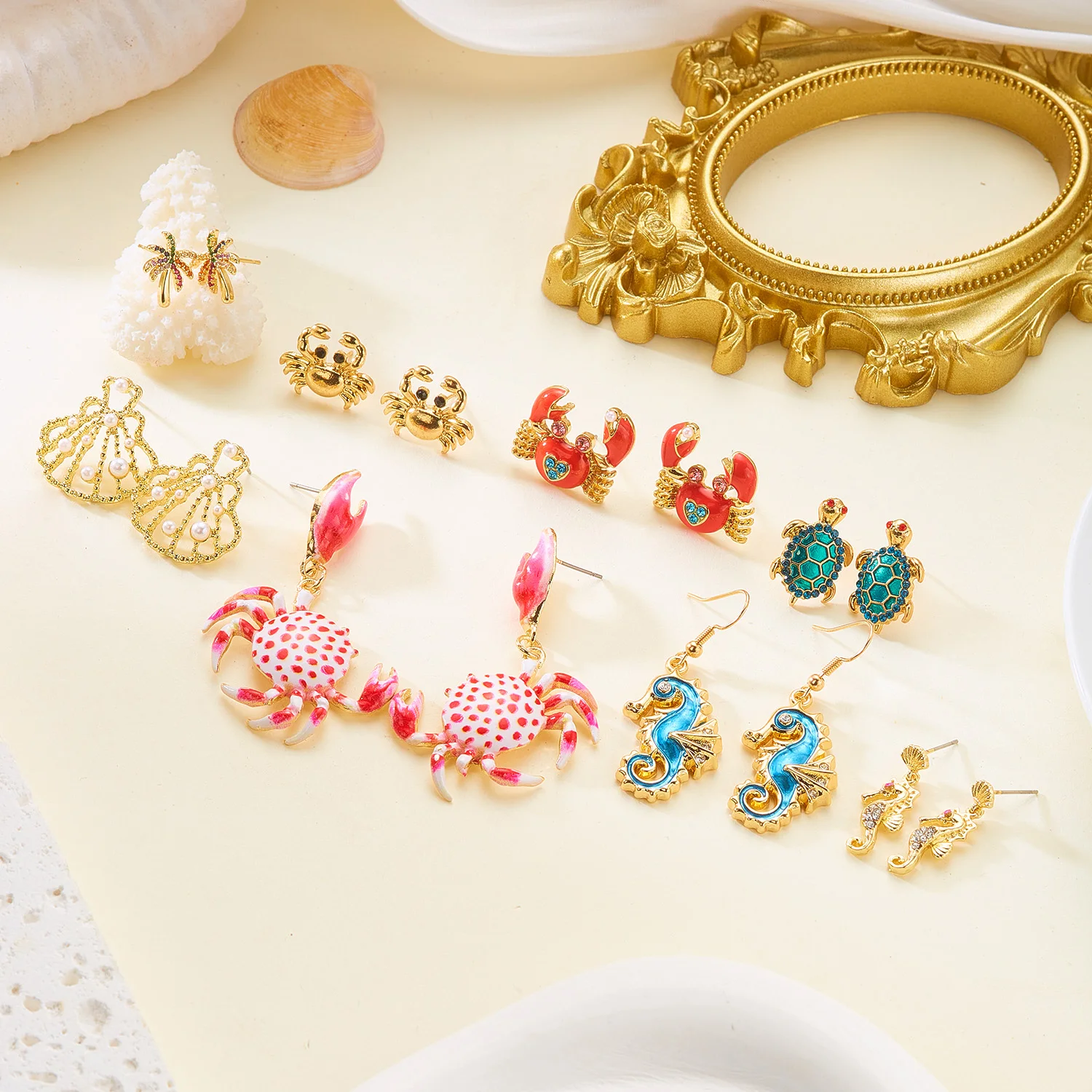Summer Sweet Ocean Series Women's Fashion Versatile Colorful Crab Turtle Sea Horse Pendant Earrings Stylish Drop Ear Jewelry