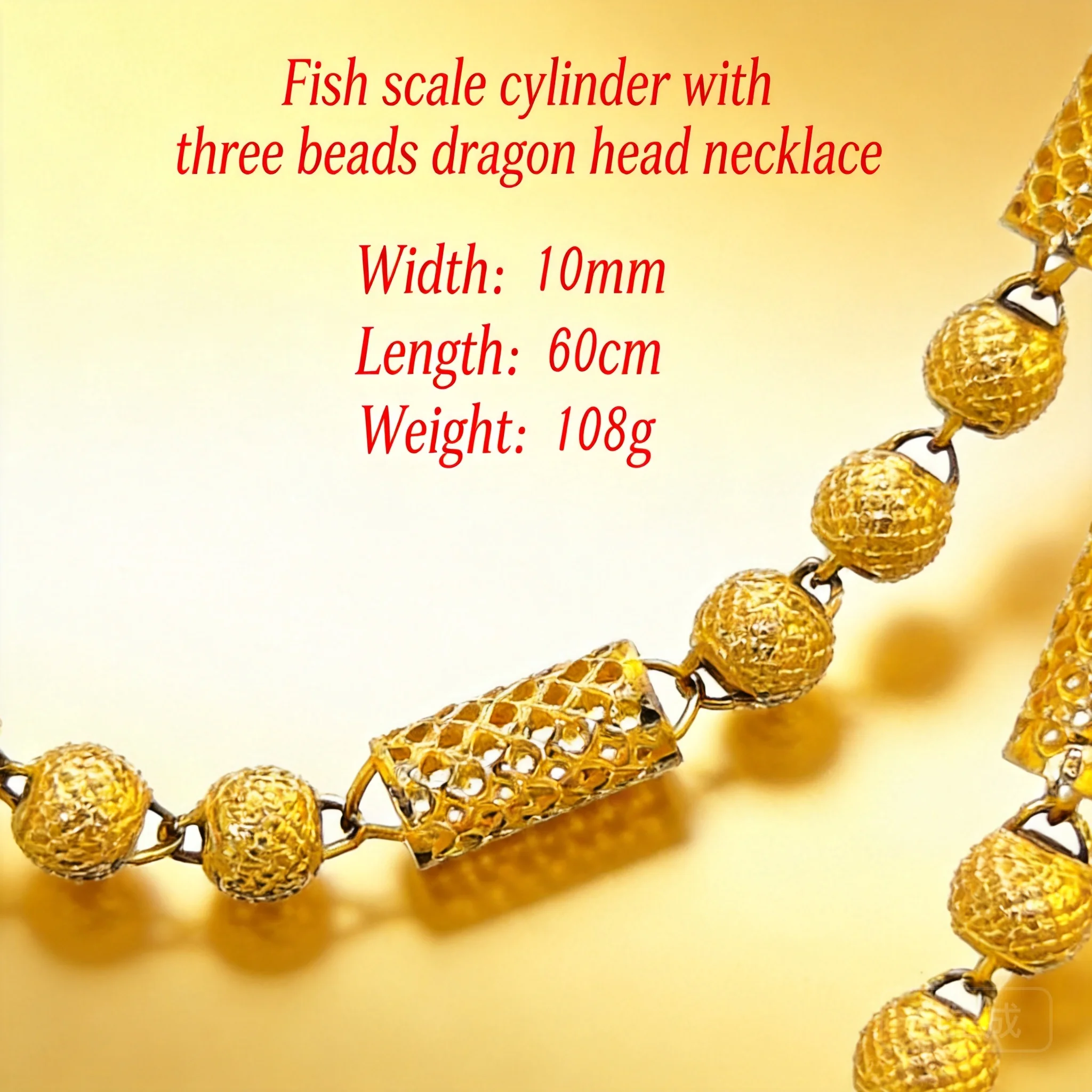 Men's Dragon Head Necklace For Daily Casual Wear 2026 Trendy Copper Gold Plated Hollow Cylinder Three Bead Chain 10Mm Wide 60Cm