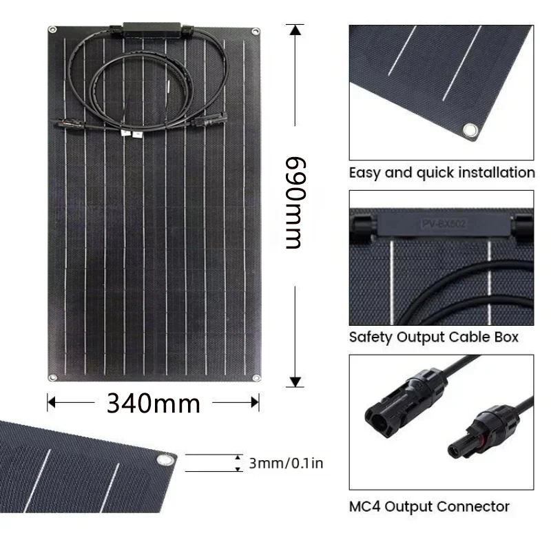 300W Solar Panel Kit 18V ETFE Flexible Monocrystalline Solar Cell Power Charger with 60A Controller for Camping Yacht RV Car