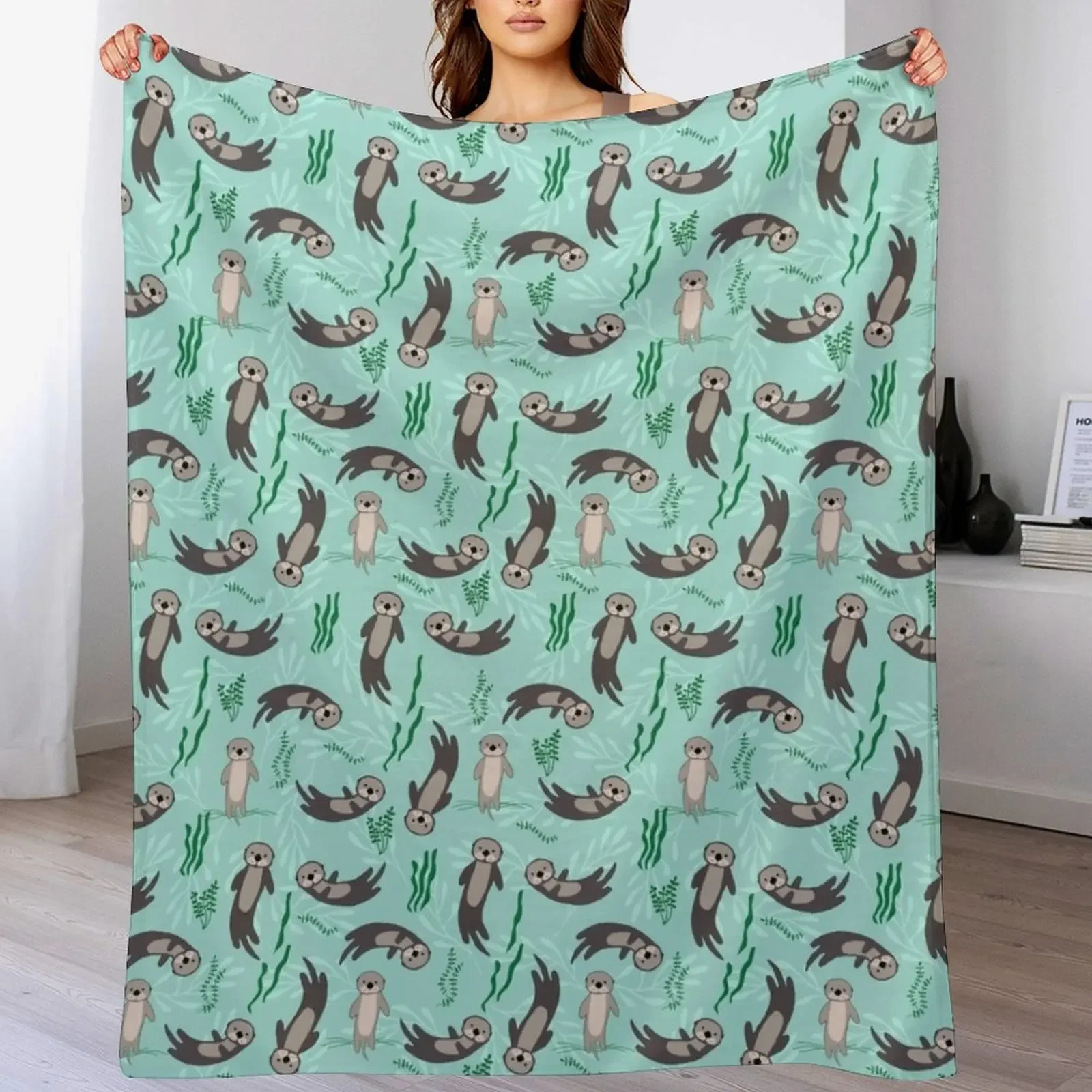 

Otters Plants Green Seamless Throw Blanket Plaid on the sofa for sofa sofa bed Blankets