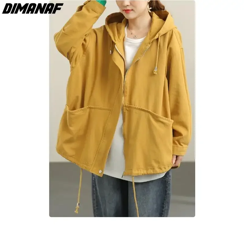 DIMANAF Plus Size Women Jackets Coats Loose Casual Cotton Hooded Fashion Yellow Outerwear Women\'s Clothing Zipper