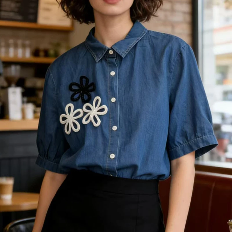 

Женские джинсовые рубашки SuperAen в европейском и американском стиле с цветочным декором, лето 2026, новые элегантные и милые рубашки