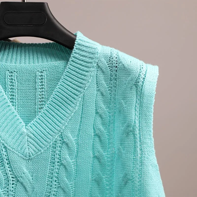 V-neck Cable Knitted Sweater Vest Women Spring Autumn Sleeveless Pullover Korean Style Cute Green Blue Pink Yellow Sweater Top