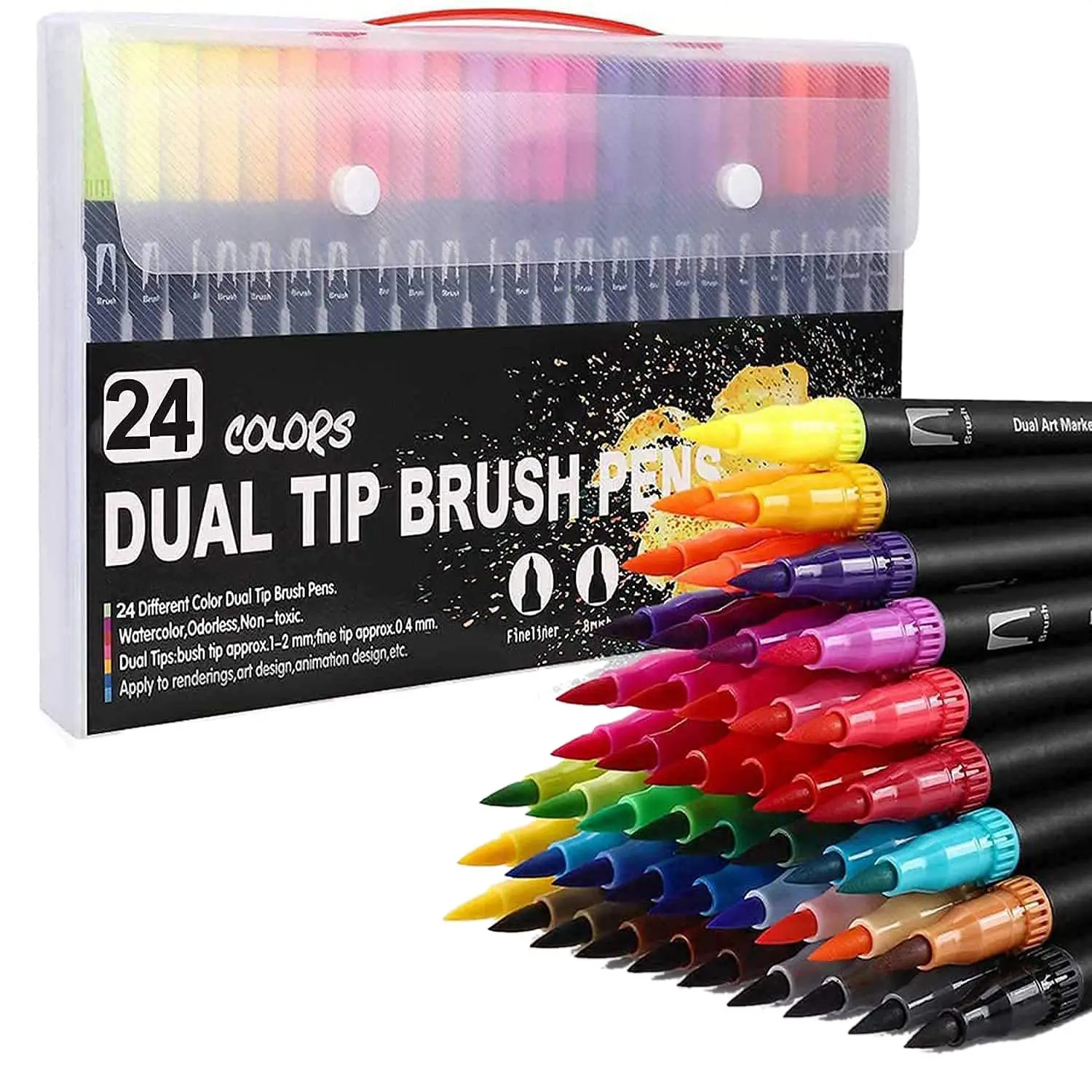 A75K Colouring Pens 24 Colours Dual Brush Pens Felt Tip Pens Art Markers Drawing, Painting, Calligraphy, Colouring Books
