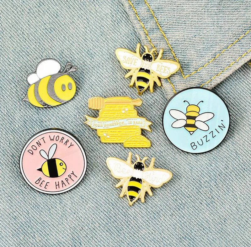 Alfileres de solapa de abeja para ropa, insignia redonda azul de Pinsk, regalo de joyería de abeja de miel, alfileres de esmalte de abeja personalizados, sea Kind Save