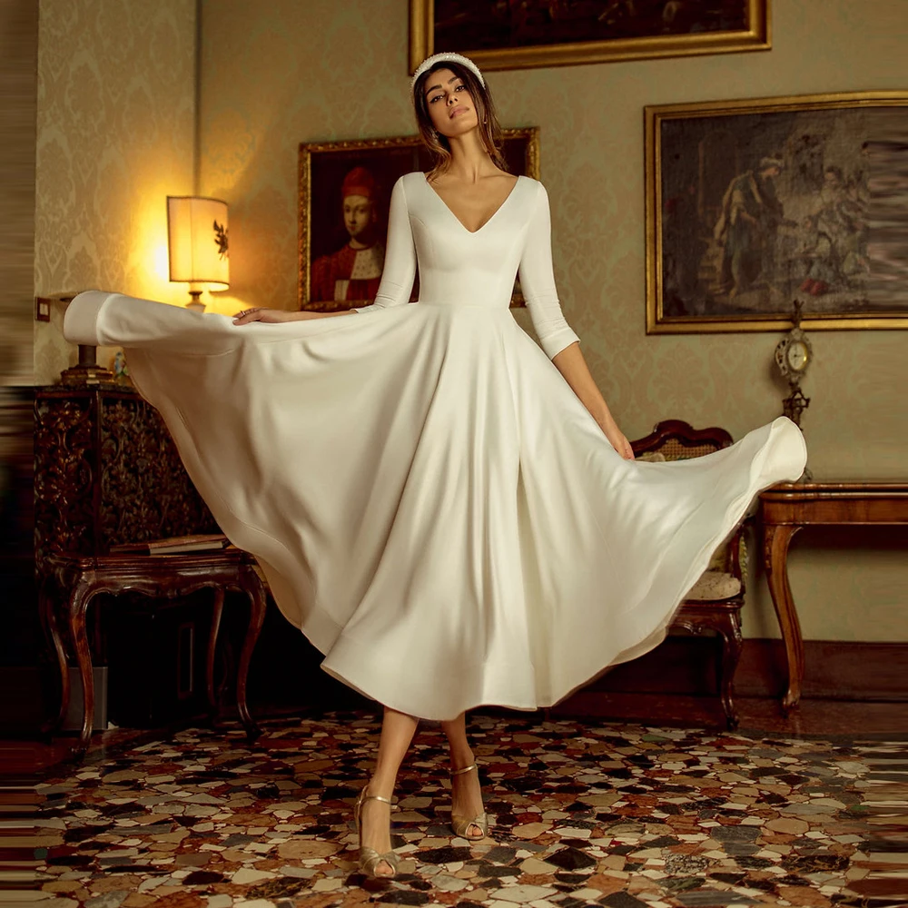 Evening Dresses A-line three quarter sleeve V-neck Vestido De Noiva Elegant satin Bridal Gown Open Back Sexy short-skirt