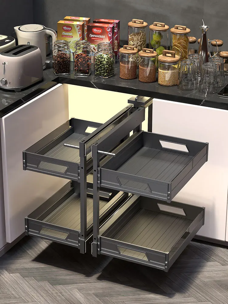 Dish Pull Basket Kitchen Cabinet Built-in Double-layer Drawer Type Bowl Basket Aluminum Alloy Pull Basket