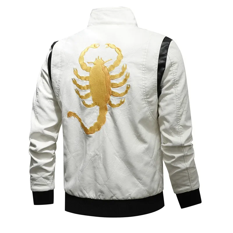 

TPJB New Spring Leather Men's Jacket Removable Hoodied Scorpion Embroidery Motorcycle Jacket Men Slim Fit Leather Mens Jackets