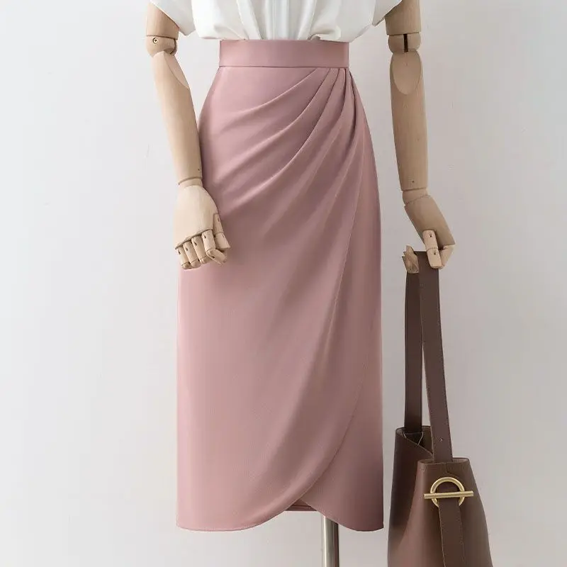 

2023 Spring Summer Women's New Elegant Folds Skirts Female High Waist Midi Skirts Ladies Casual Slim Package Hips Skirts U239