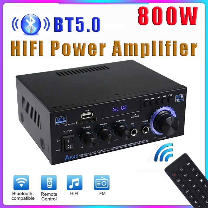 AK45 800W Home Power Amplifier 2 Channel Bluetooth 5.0 Mini Hifi Digital Stereo Sound Amplifier Support FM USB SD Mic input