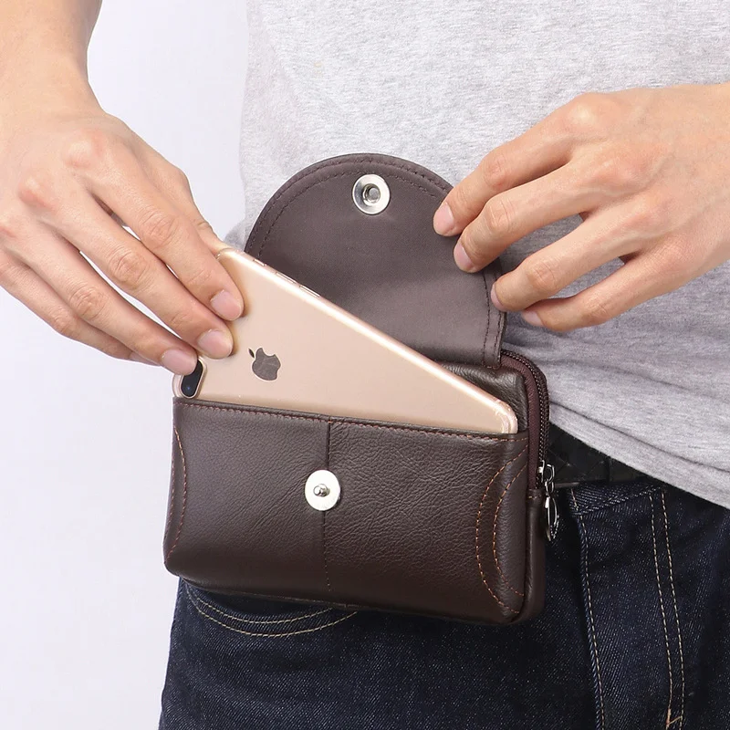 Men\'s Leather Waistpack 5.5/6-inch Mobile Phone Waistpack Wearing Belt Cow Leather Mobile Phone Bag Mini Waistpack