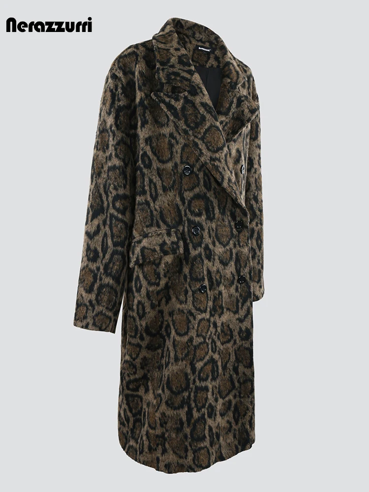 Nerazzurri Autumn Winter Long Loose Casual Leopard Print Woolen Coat Men