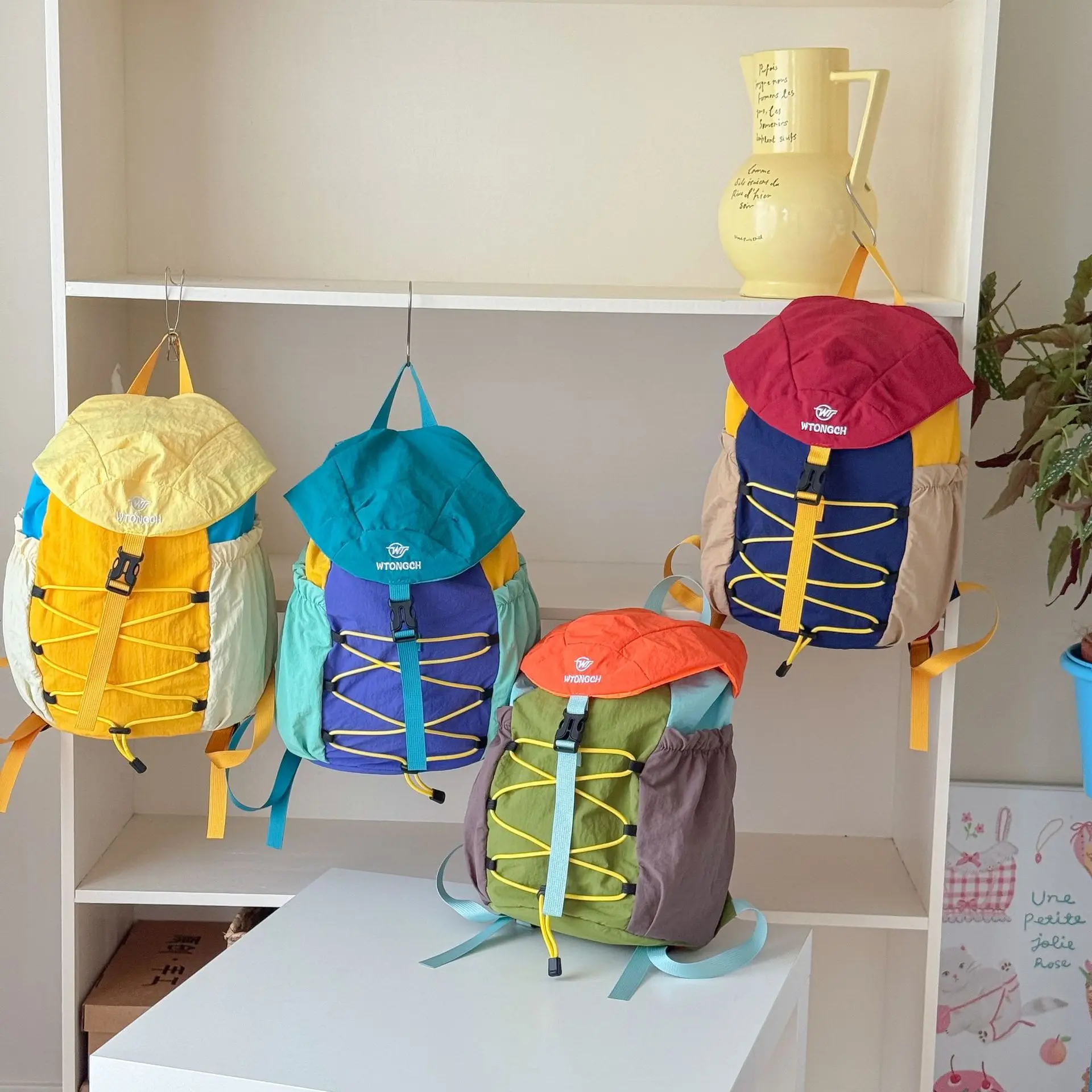 

2026 Children Casual Color-blocking Backpack Lightweight Large Capacity Drawstring School Bag Kids Hiking Bag