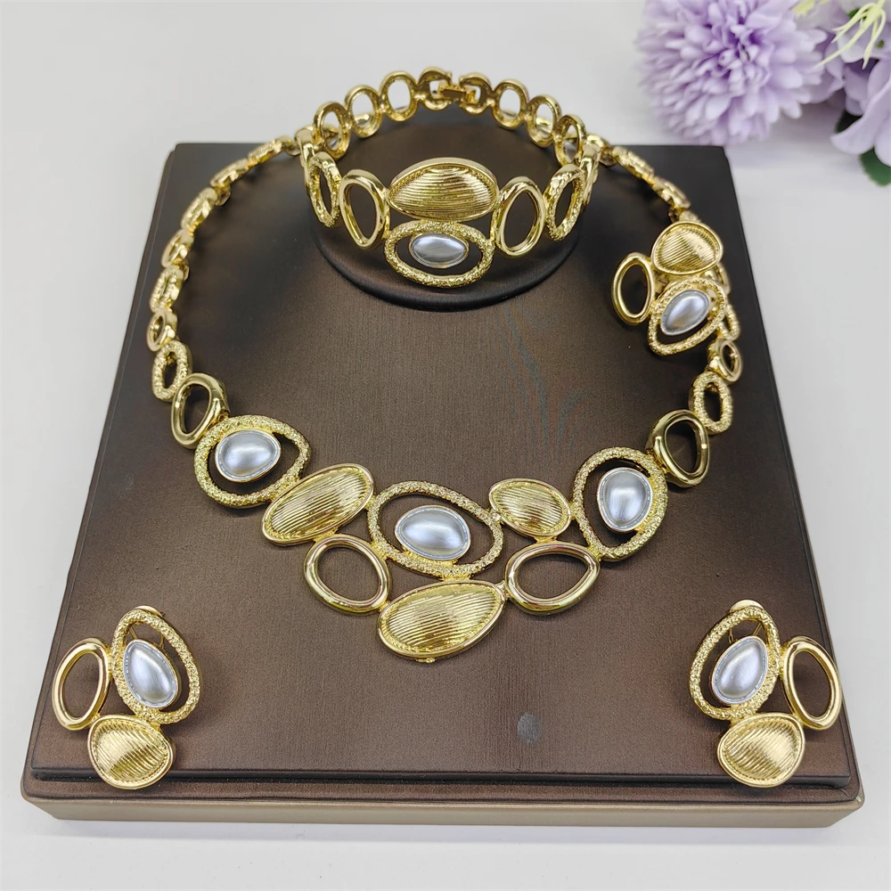 

Italian Design Jewelry Set Gold Silver Color Two Tone Necklace Bracelet Geometry Stud Earring Ring For Women Wedding Gift