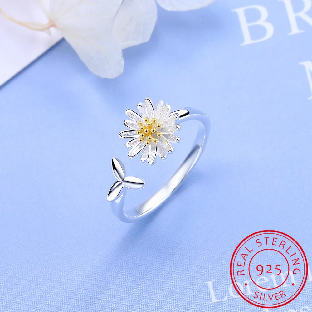 Luxury 925 Sterling Silver Summer Flower Cute Daisy Adjustable Finger Ring Anillos De Prata For Women Wedding Party Jewelry Gift