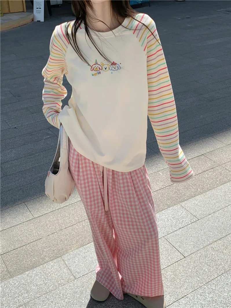 Gaganight Women O neck Rainbow Stripe Long Sleeve T-shirt 2024 Autumn Winter New Korean Chic Style Versatile Top Bottom Shirt