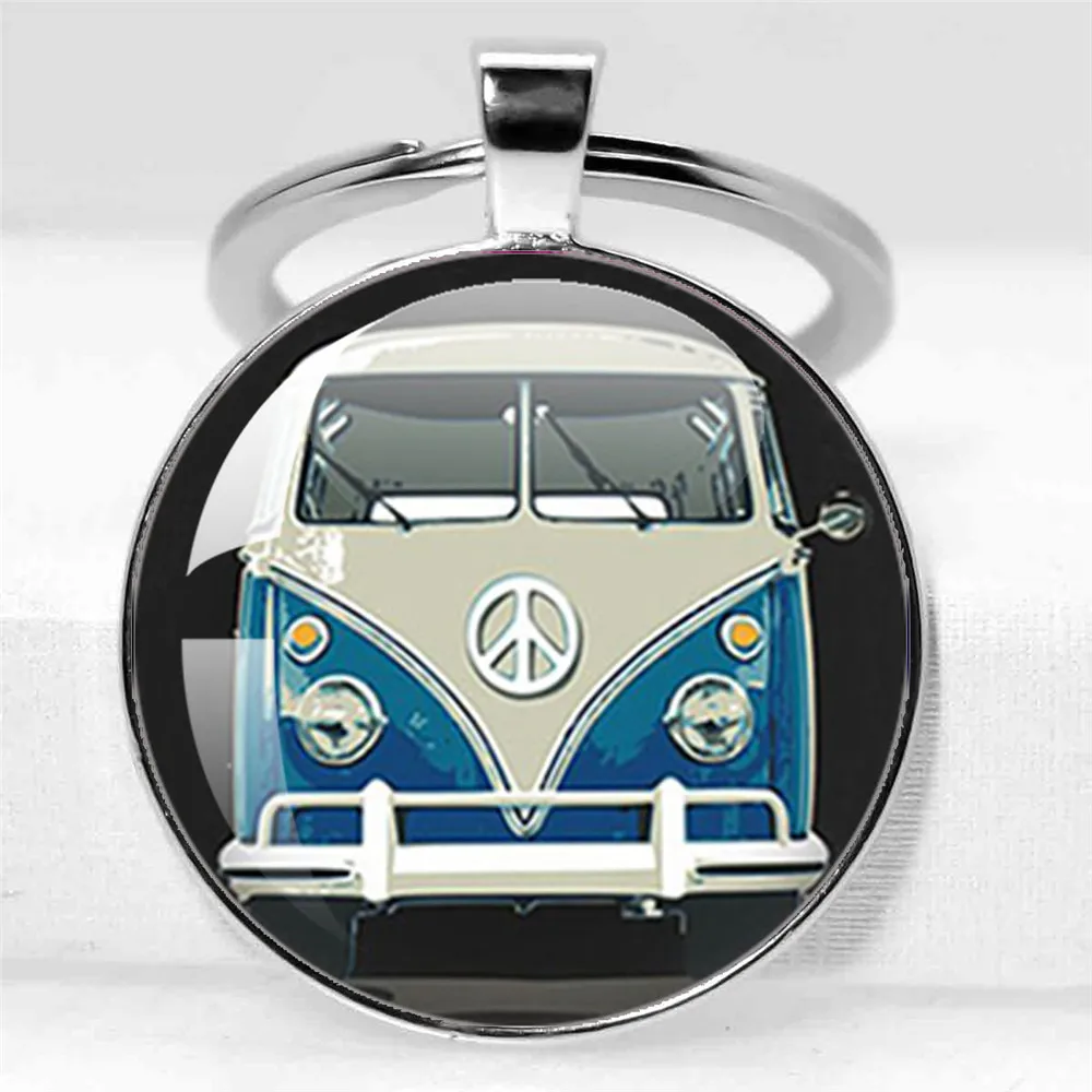 25MM/30MM Hippie Bus Peace Sign Jewelry Vintage Blue Hippy Bus Photo Pendant Blue Hippy Van Bus Photo  Purse Bag Car Keychain