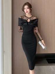 New Lady abito da sera nero abbigliamento donna elegante Chic See Through Sexy manica lunga Slim Party Prom Robe Femme Vestidos Fiesta