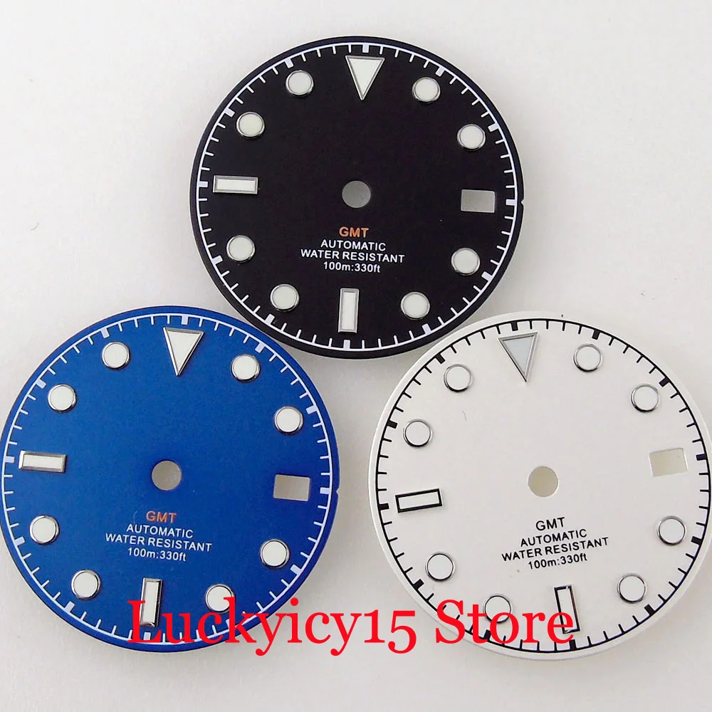 

Часы 29 мм, белые/черные/синие, стерильный циферблат, светящиеся стрелки, иглы, подходят для NH34A GMT, автоматический механизм, мужской корпус часов для дайвинга 10ATM