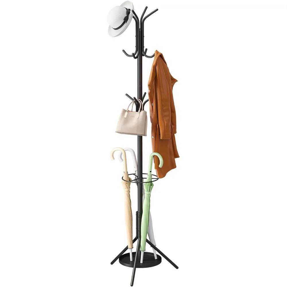 

Freestanding Hall Tree with 12 Hooks and Umbrella Holder Floor Standing Metal Rack