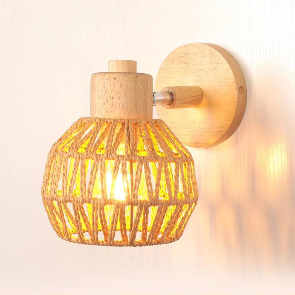 Hemp Rope Woven Wall Sconce Vintage Wood Wall Light Lighting Retro Rattan Bedside Lamp Industrial Living Room Bedroom Decor E27