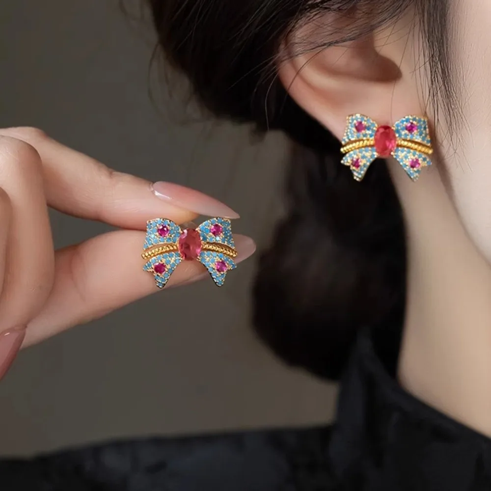 

Simple Zircon Crystal Bow Earrings Blue Pink Rhinestone Korean Style Stud Earrings Trendy Elegant Bowknot Ear Studs Wedding