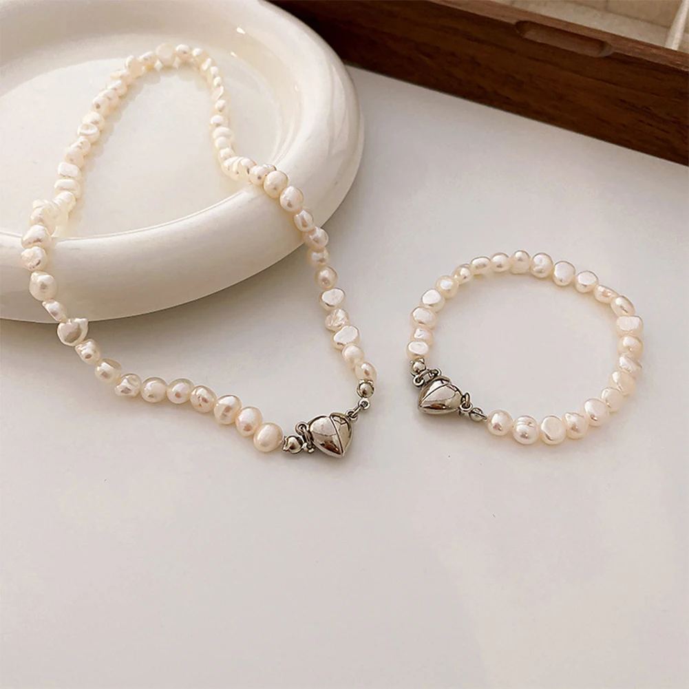 Fashion Magnetic Heart Buckle Simulated Pearl Choker Necklace Bracelet Fashionable Temperamental Clavicle Chain Jewelry