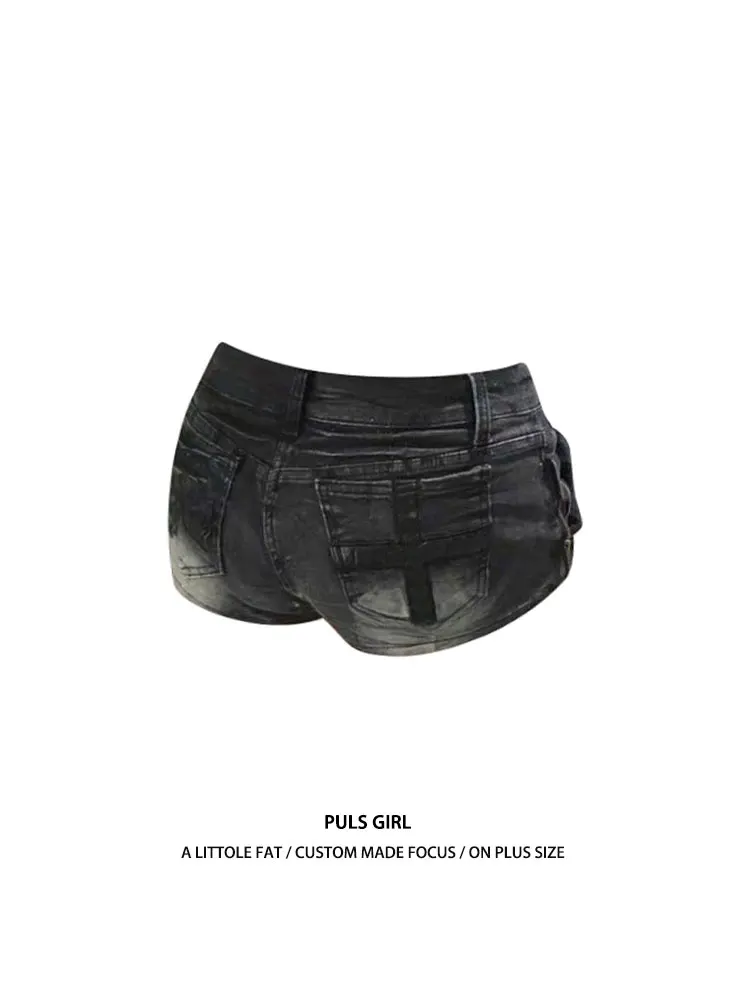 

Retro American Washed Cross Rivet Denim Shorts Women's Slim Fit Summer Hot Pants Large Size Commute Style Low Waist Button