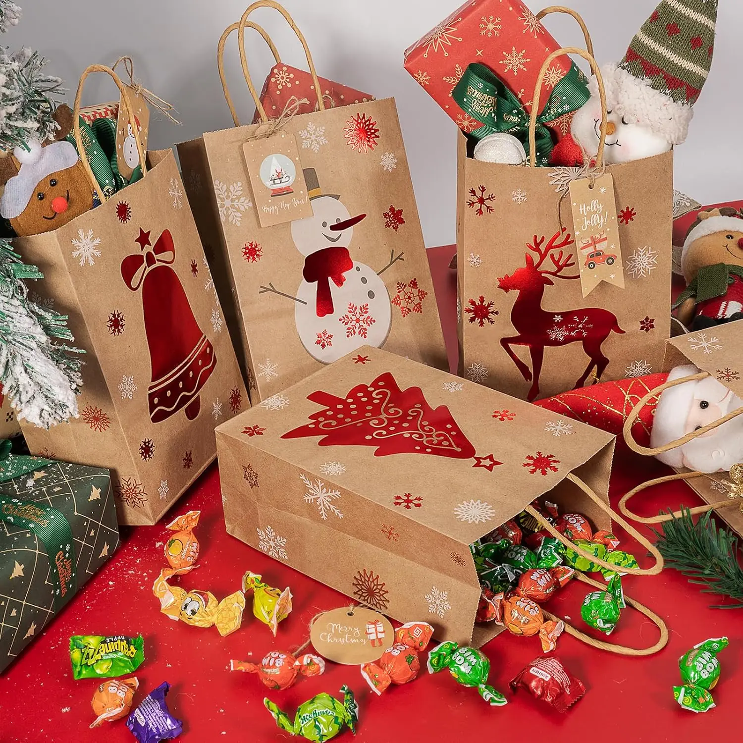 12-48PCS Christmas Paper Bag Reindeer Snowflake Tree Graphic Handled for Eve Present Holiday Party Home Indoor Outdoor Festive