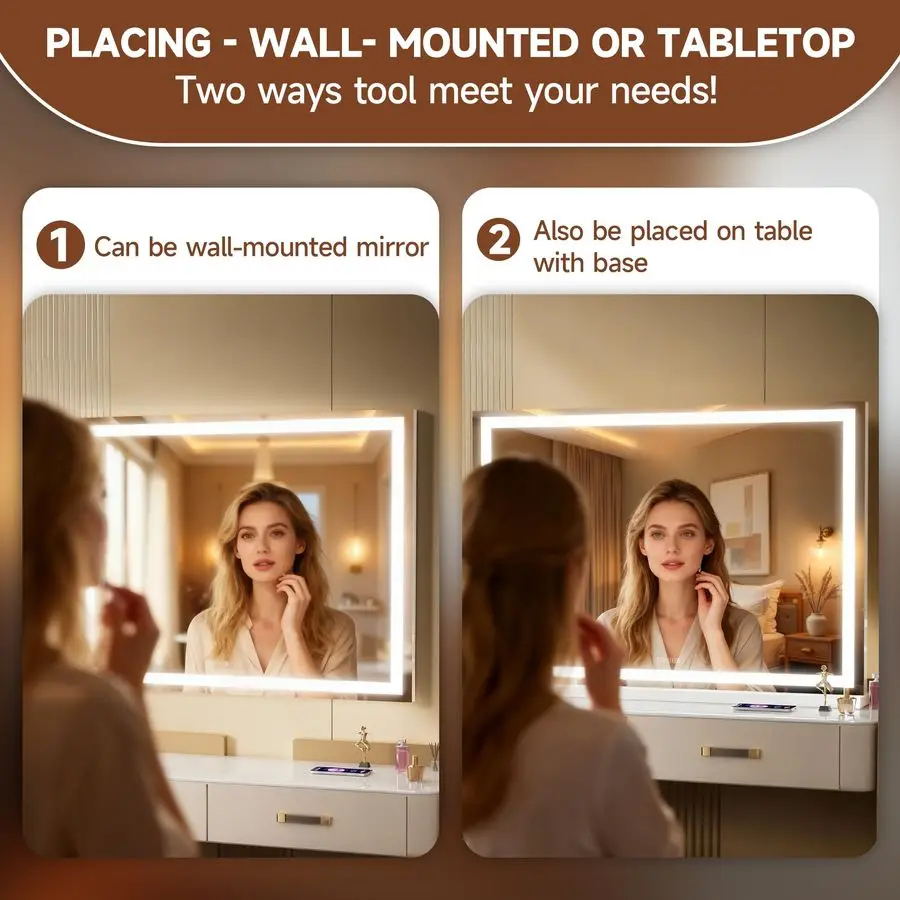 مرآة زينة مع أضواء، مرآة مكياج 37 × 25.6 LED مع مكبر صوت بلوتوث، مستشعر لمس، 3 ألوان فاتحة، قابلة للتعتيم، إطار معدني، مع #6
