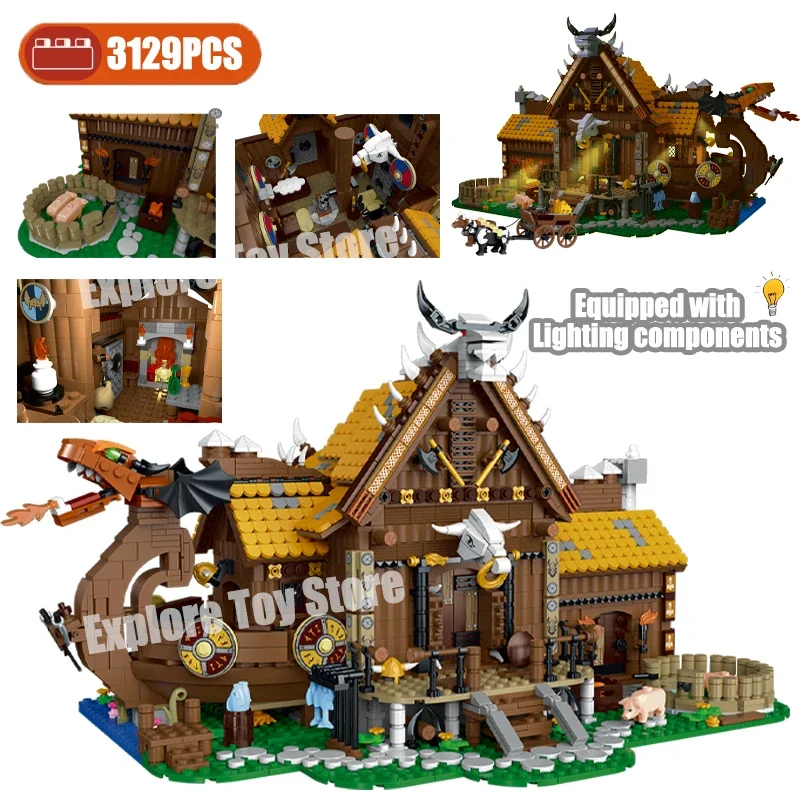 2024 New Farm House Model Building Blocks LED Middle Ages Building case in legno Vikings Home Toy Bricks Friend regali per bambini