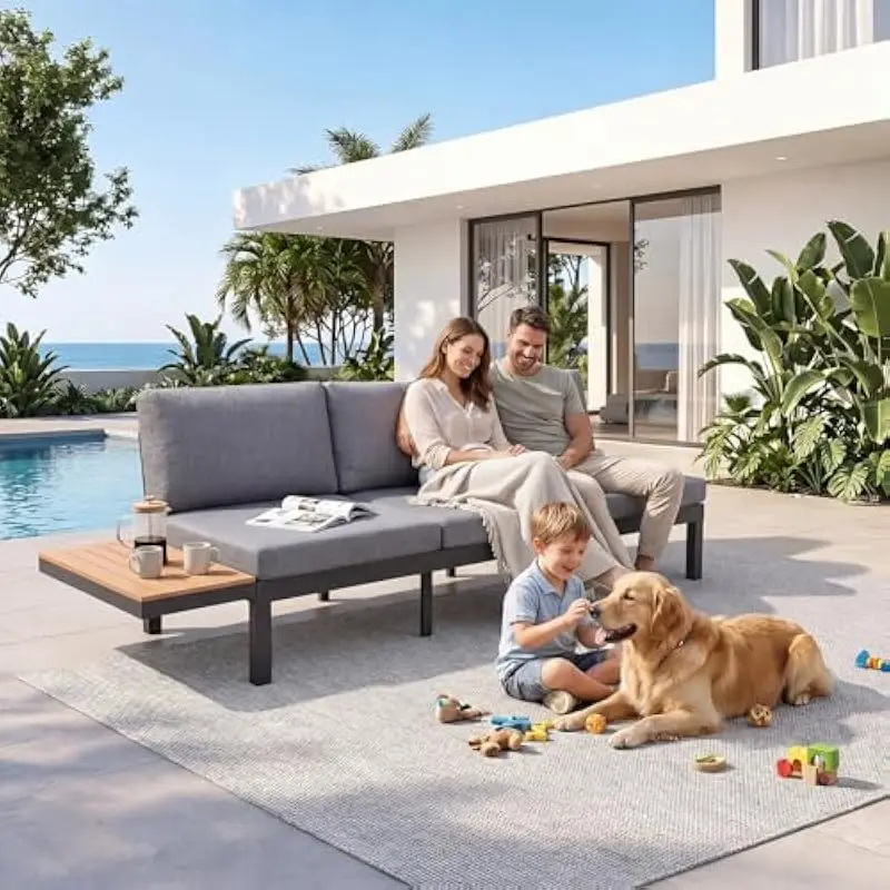 Modular 3-Person Outdoor Sofa with Dual-Mode Chaise Conversion, Detachable End Table, Weatherproof Olefin Cushions, Powder-Coate