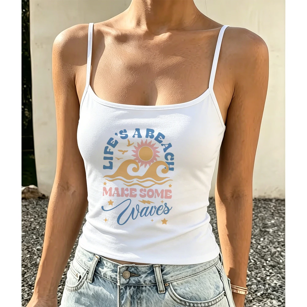 Women Life's A Beach Make Some Waves Graphic Camisole Summer Ocean Print Tank Top Vintage Sleeveless Vest Holiday Beachwear Tops