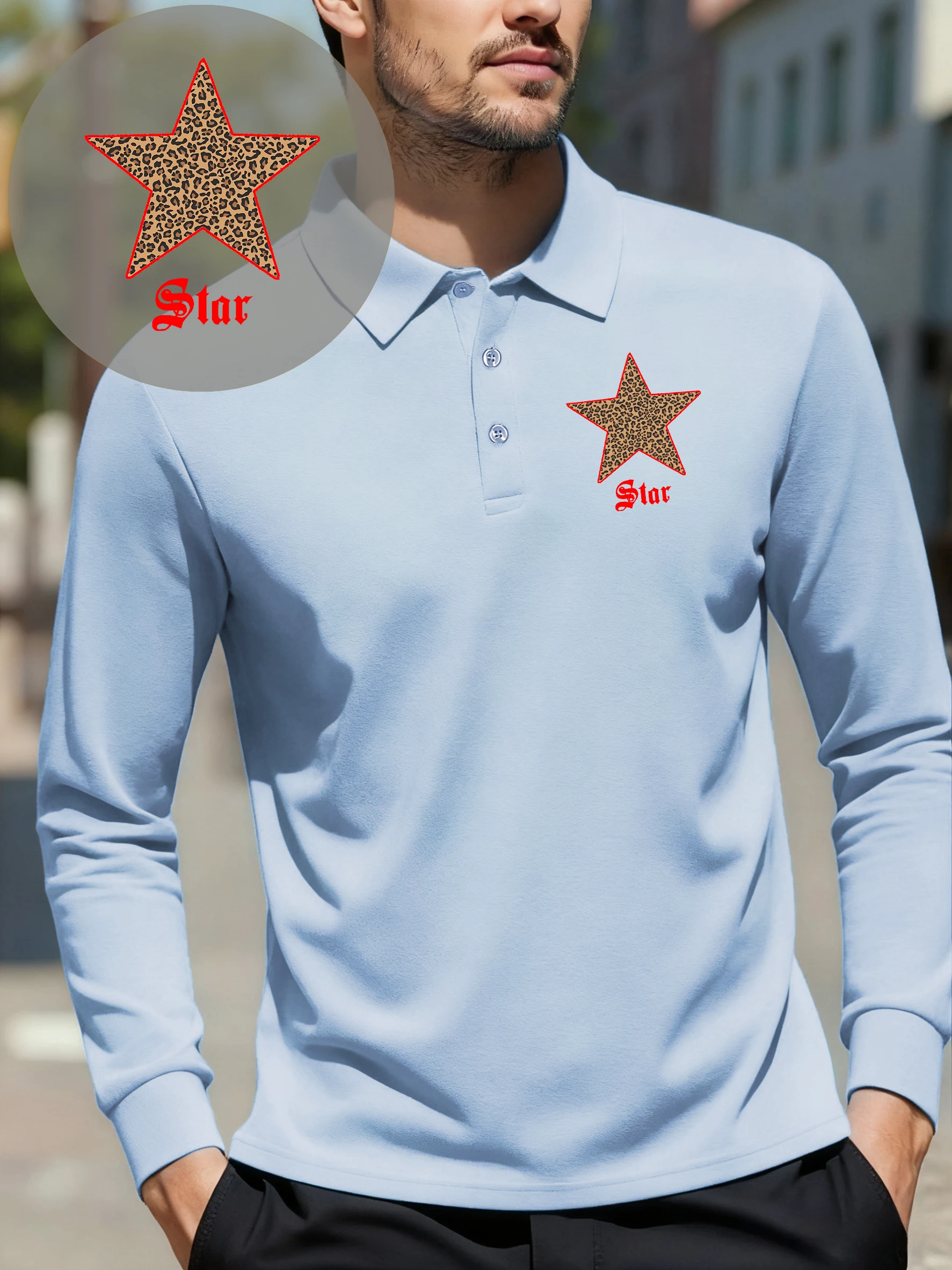الإبداعية ليوبارد طباعة ستار يطبع رجل قمصان بولو الخريف الرياضة تي شيرت الأعمال الصوف طويلة الأكمام التلبيب ملابس كاجوال #3