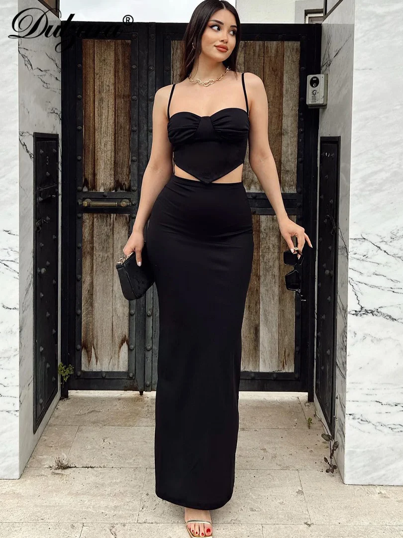 

Dulzura Solid Sexy Slim 2 Piece Long Skirt Matching Set Sleeveless Ruched Crop Camisole And Tight Skirt Party Club Streetwear